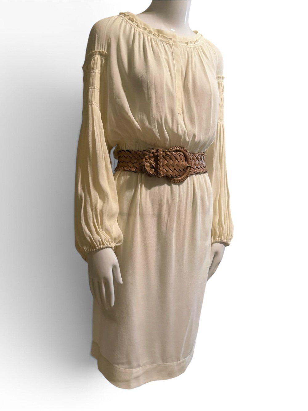 M.S.S.P. Cream Long Sleeve Boho Dress With Brown  Belt Midi Length NWT Size 1X